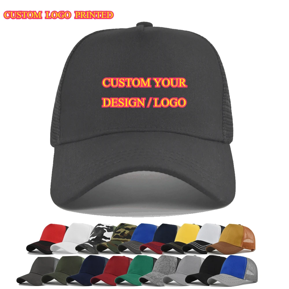 Customized Logo Printed Baseball Cap Hard Top 5 Panels Mesh Caps For Men Women Cap Breathable Sun Hat Pure Color Gorra Wholesale