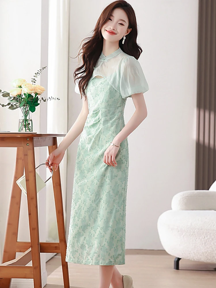 2025 جديد الأخضر طباعة مطوي فستان بكتافة + شبكة قميص حريمي قطعتين مجموعات المرأة الصيف الكورية أنيقة فستان مناسبات غير رسمية مجموعات