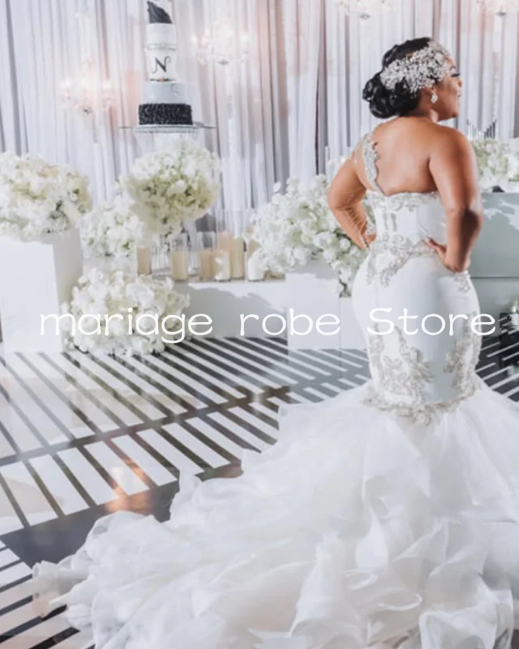One-Shoulder Mermaid ชุดแต่งงานยาว Sparkly คริสตัล Ruffles รถไฟ Customized แอฟริกันชุดเจ้าสาว vestido de novias