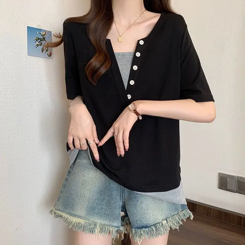 Women Summer Vintage Loose Large Size Appear Thin Buttons V-neck Short Sleeve T-Shirt Women Clothes Casual All-match Trend Tops