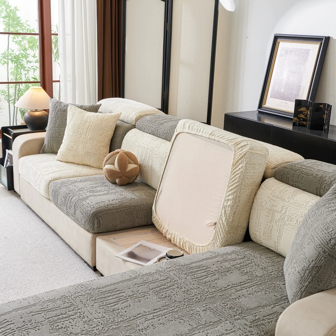 Geometric Lines Jacquard Stretchy Polar Fleece Sofa Cover for Living Room Couch Seat Slipcover Anti-Scratch Furniture Protector view 6