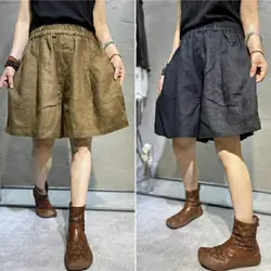 Women Summer Simplicity Loose Large Size Appear Thin Solid Color Elastic Waist Wide Leg Ladies Casual All-match Quarter Shorts