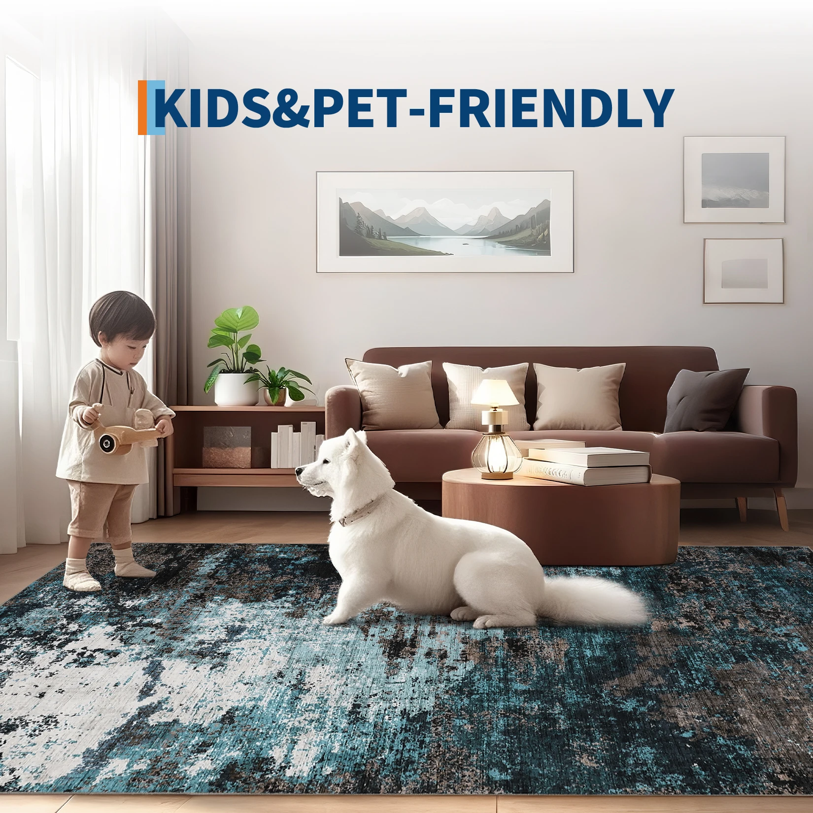 Modern Abstract Large Area Rug 10x13ft – Machine Washable, Collapsible, Non-Shedding, Soft Low Pile Carpet for Living Room & Bedroom – Indoor Floor Mat – Gray Brown – USA Specification