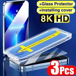 3Pcs 8K High End Easy Installation Screen Protector for IPhone 14 13 12 11 15 Pro Max Mini XR XS 7 8 15 Plus SE Tempered Glass