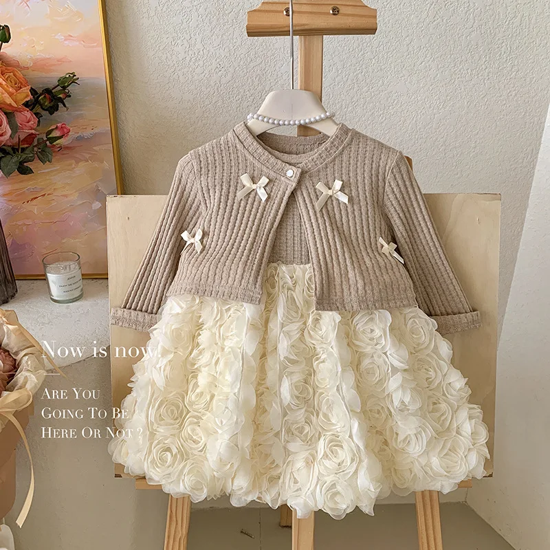A.Girls'  Autumn New Style Elegant Cardigan Bow Sleeveless Three-Dimensional Flower Princess Dress Two-Piece Set