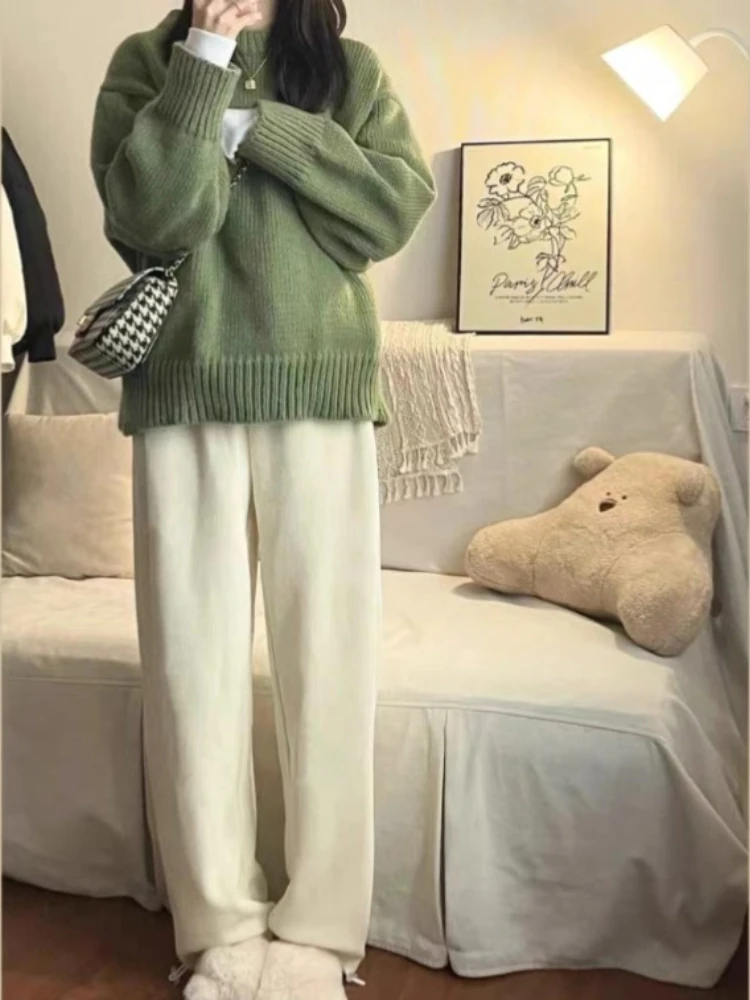 Pulls Baggy monochromes pour femmes, tricots décontractés, manches longues, vêtements côtelés, vert, élégant, charmant, esthétique, tout match,