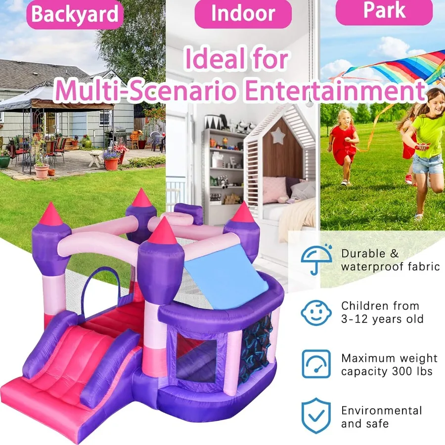 バウンスハウス、子供用トランポリン、屋外用インフレータブルバウンスハウス、送風機付きインフレータブルバウンサー、ボールピットとバスケットボール