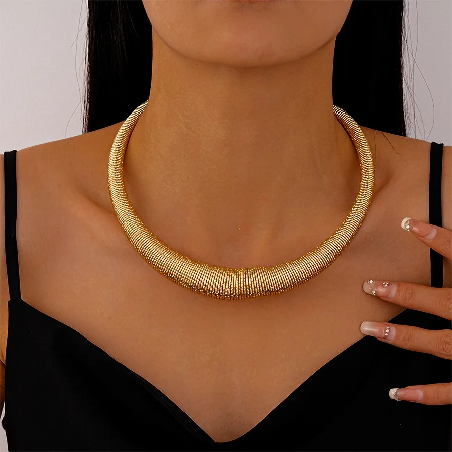 Exaggerated Heavy Metal Chunky Torques for Women Trend Gold Color Punk Thick Chokers Necklaces Grunge Party Strand Jewelry F view 3