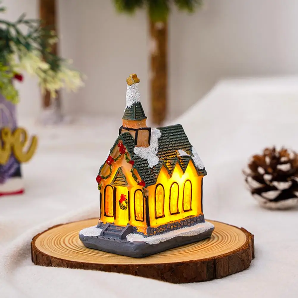 Christmas House Ornament Xmas Party House Ornament Led Snow Covered House Decoration Figurine Statue for Christmas Party