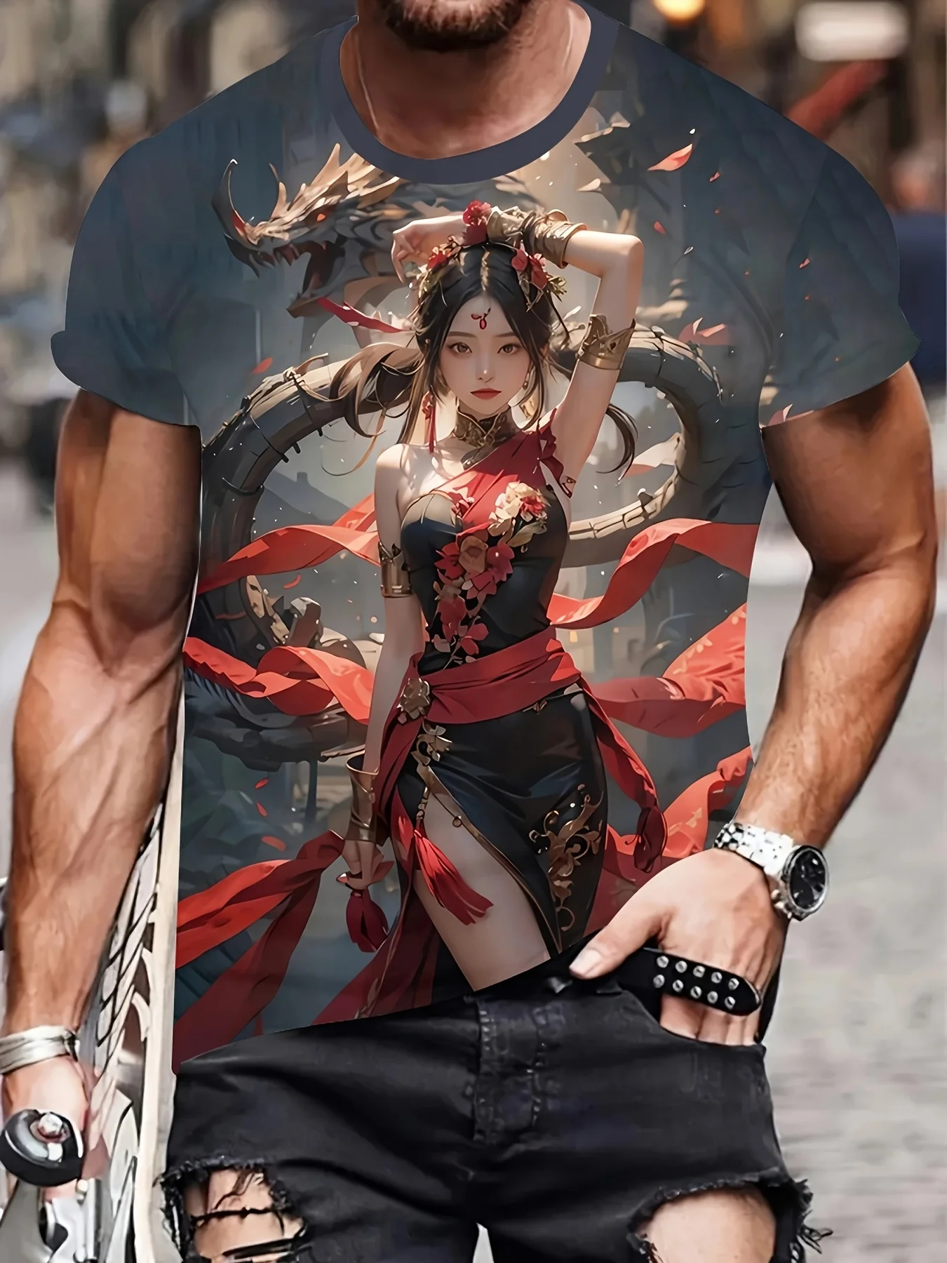 Men's Oriental Dragon Princess T-Shirt, Chinese Cheongsam Anime Print, Breathable Quick Dry Tee for Comic Con & Events