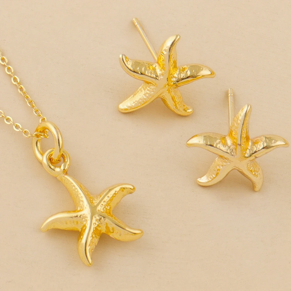 

2PCS Retro Sea Star Necklace Earrings Women's Aesthetics Jewelry Set Trendy Summer Gold Color Earrings Punk Wedding Jewelry Gift