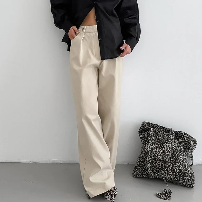 Vintage Khaki High Waist Straight Jeans Women Loose Casual Women's Autumn Cotton All Match Wide-leg Pants Streetwear