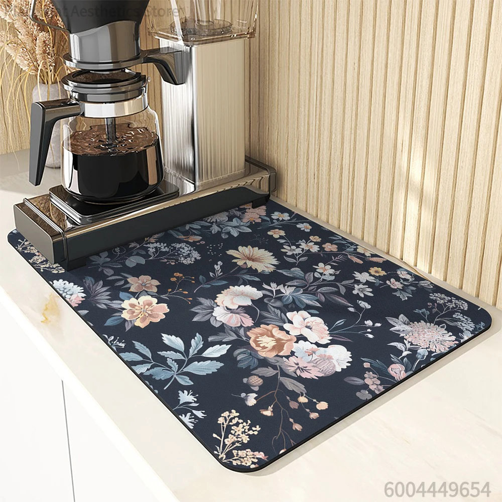 1pc Drying Mat Plants Flowers Butterflies Non-Slip Absorbent Mat Tableware Kitchen Counter Drain Mats Placemats for Table