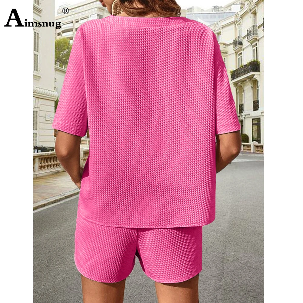 Women Casual Waffle Two Piece Sets 2023 America Europe Fashion Knitted Tops and Elastic Waist Shorts Suits Female Tracksuits Set