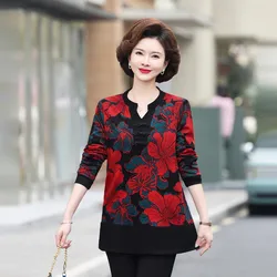 spring Women's Long Sleeve T-Shirts Middle Age Mother Tops Winter Bottoming Shirt Vintage printing Tee Shirt Plus size