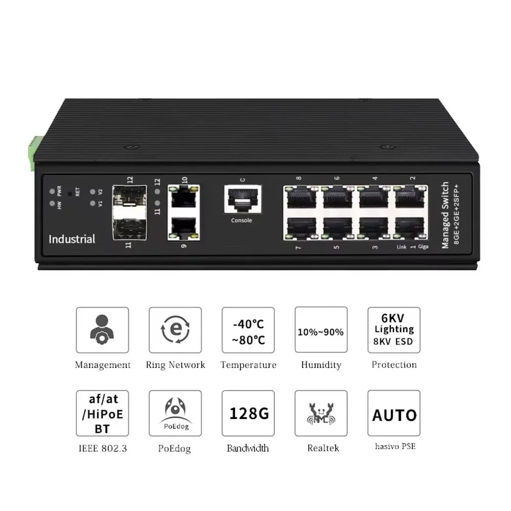 Industrial DIN-Rail 8-Port Gigabit L3 Managed Switch, 2x10G SFP Uplink, 90W PoE view 3
