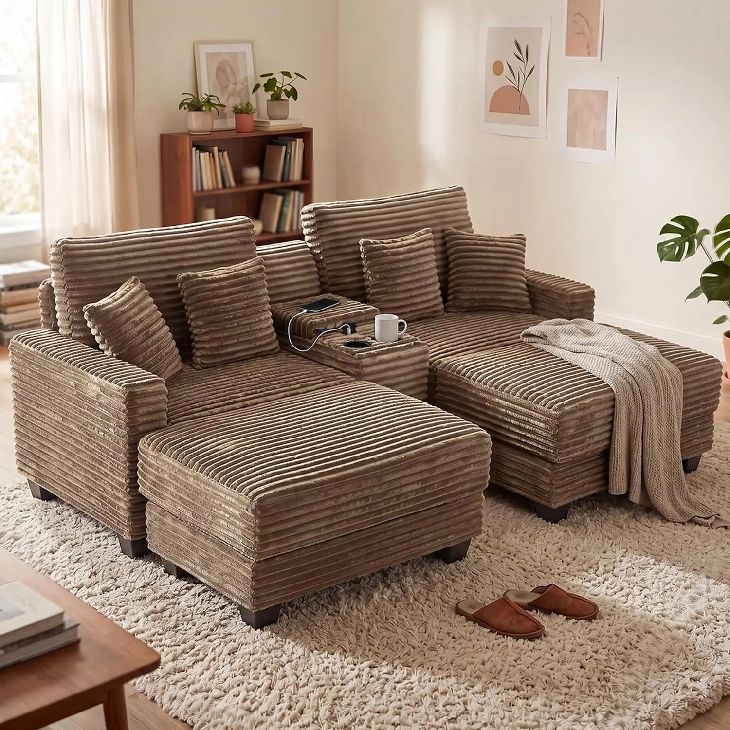 Oversized Double Chaise Lounge Sofa with 2 Ottomans Corduroy Camel, Customized