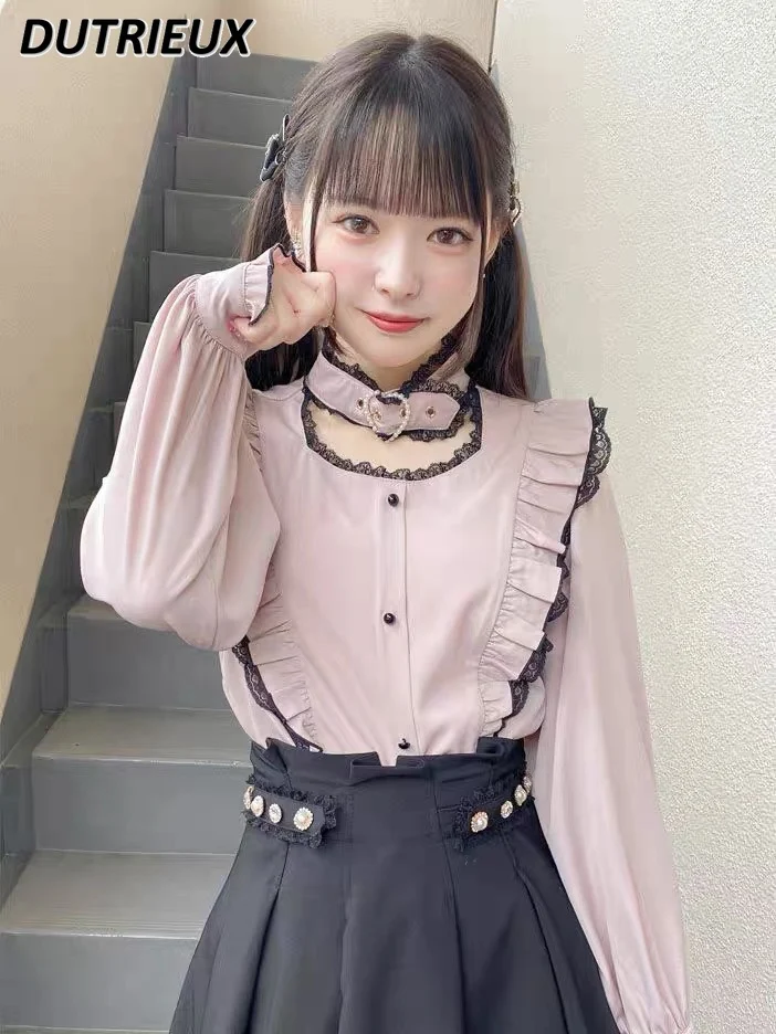 

Japanese Style Mine Series Girlfriend Pink Shirt Spring and Autumn Women Girls Heart-Shaped Buckle Ruffled Blouses Female Tops