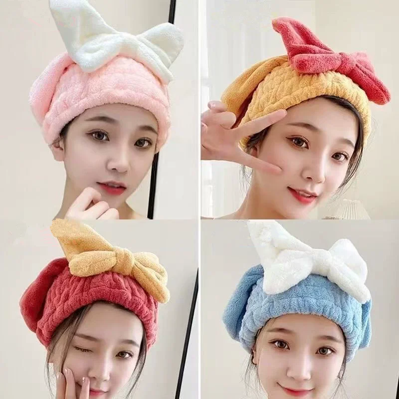 Cute Bow Shaped Hair Cap for Women Quick Drying Coral Fiber Dry Hair Towel Fast Absorbing Ladies Head Towel