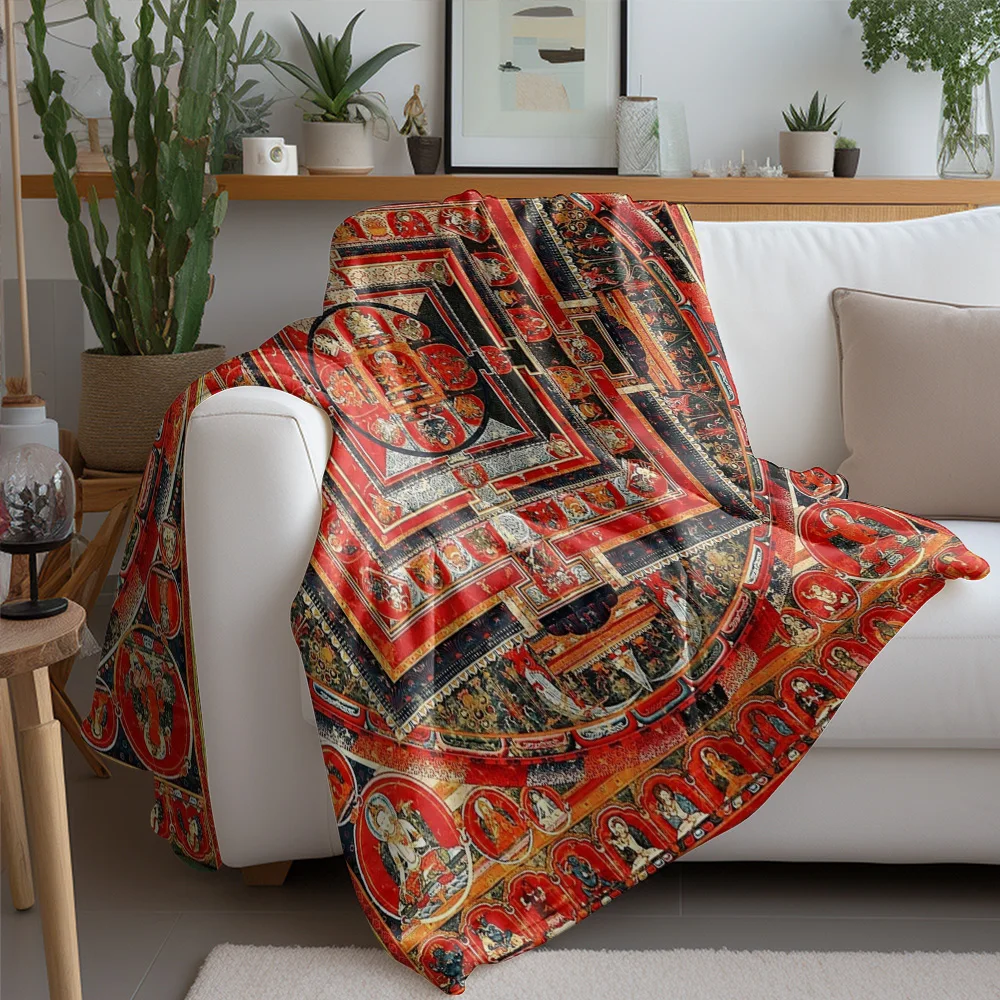 Buddha Mandala Blanket Red Tibetan Prayer Rug Cushion Cover Sofa Throw Blanket Bedspread Gift