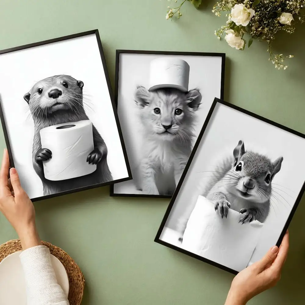 Cute Animal with Toilet Paper Poster Stickers HD Painting Self-Adhesive Art for Bedroom Living Room Home Decor Wall Decals Gift