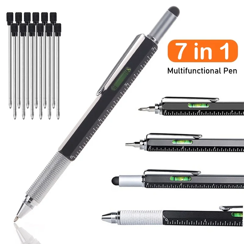 Multifunction Ballpoint Pen With/Without 10Pcs Refills 7-in-1 Touchscreen Stylus CM/Inch Ruler Spirit Level Handhold Screwdriver
