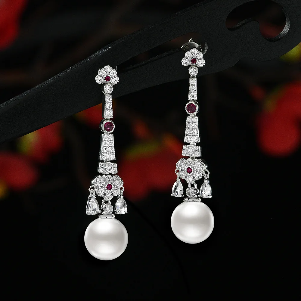 S925 Silver New Round Shell Bead Half Hole White 10mm Chinese Style China-Chic Earrings Women's Wedding Jewelry