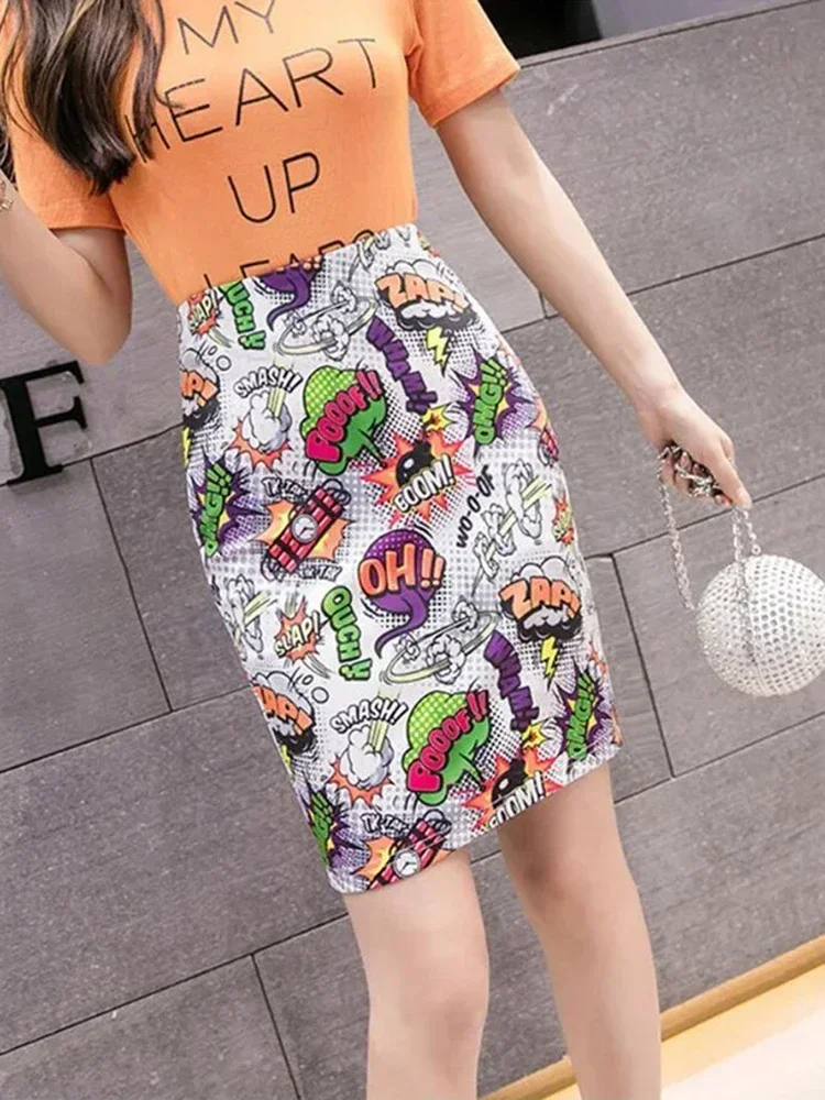 New Women\'s Pencil Skirt Cartoon Letters Print High Waist Bodycon Skirts Lady Summer Sexy Slim Female Mini Spodnica Falda SP615