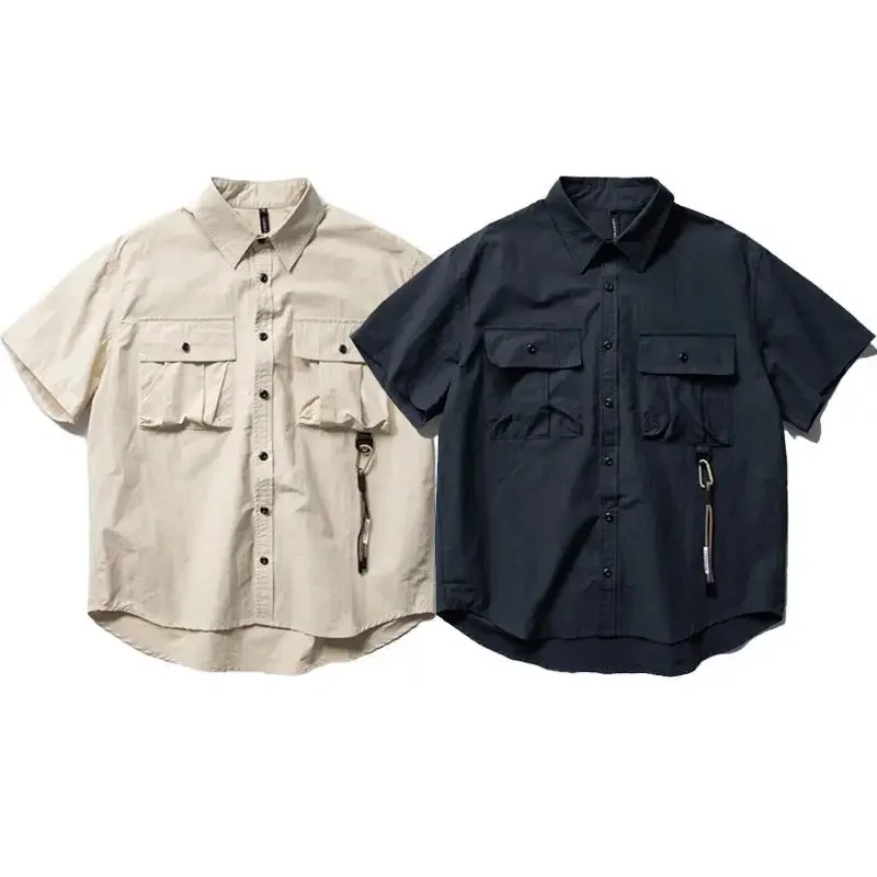 Amikaji Military Multi Pocket Workwear Short Sleeved Shirt Men Loose Washed Half Sleeve Outdoor Trekking Camping Travel Clothes