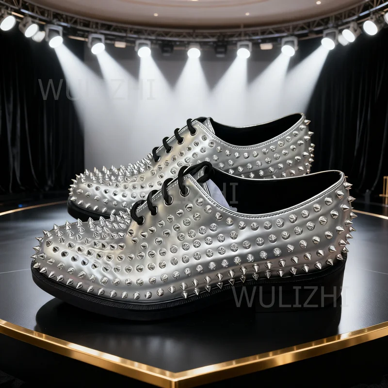 

Silver Matte Leather Studded Polka Oxfords Men's Loafers Business Lace-Up Flats Square Toe Gentleman Wedding Party Shoes