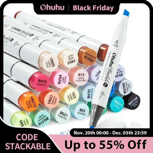 Ohuhu Honolulu Plus 24 colores marcadores de Alcohol juego de marcadores de arte de doble punta rotulador recargable para colorear ilustraciones dibujo