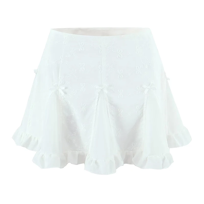 

YENKYE New 2026 Sexy Sweet Girls White Floral Embroidered Mini Skirt Bow Tie Ruffle Hem A-line Flowy Summer Skirt