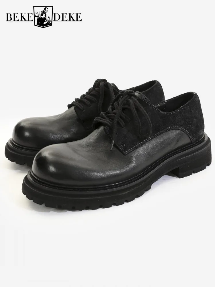 

Mens Horsehide Genuine Leather Dress Shoes Round Toe Lace Up Thick Platform Business Work Formal Shoes Vintage Handmade Footwear