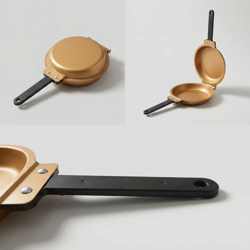 Stainless Steel Nonstick Skillet 19x19x36cm Double Sided Frying Pan for Kitchen Camping Picnic Induction Stove Use