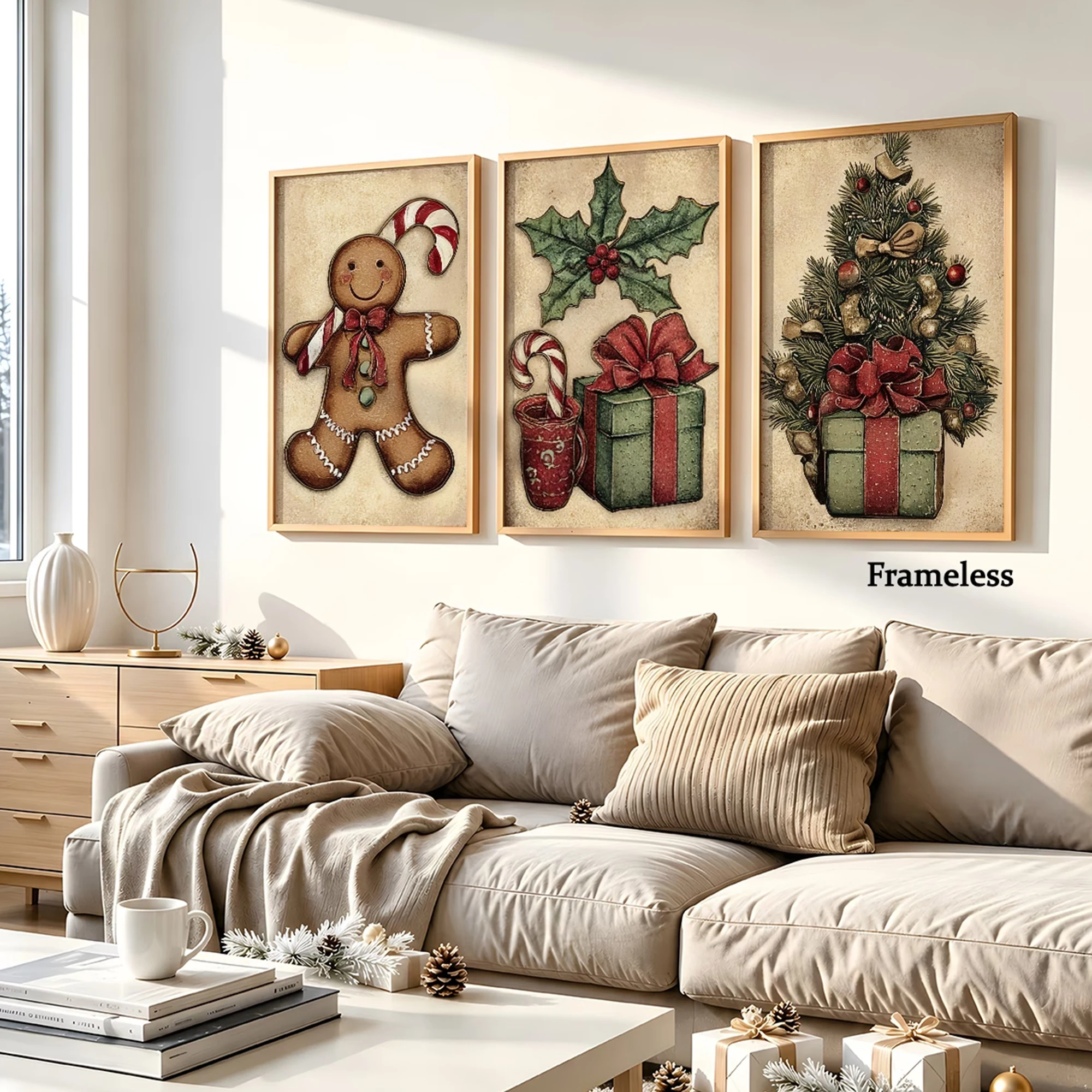 3pcs Retro Christmas Gingerbread Man With Gifts Wall Art Print Canvas Painting Poster Picture For Living Room,Bedroom Home Decor