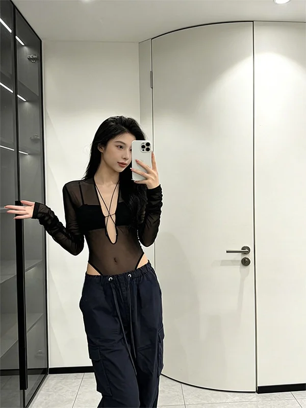 

Sexy Spicy Girl Ultra-Low Ne See-Tough Lace Onesie Women's Design Slimming Top Korean Sle Long Sve V-Ne Bodycon