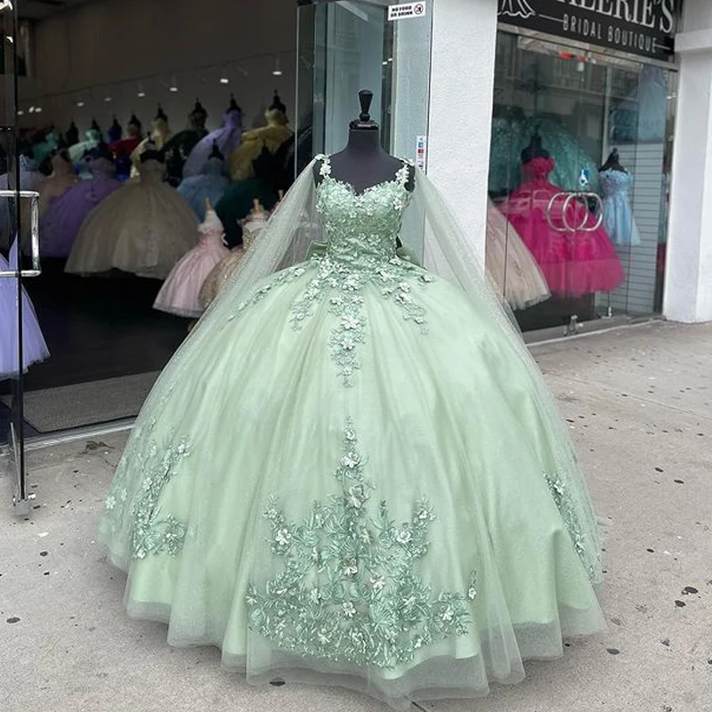 Angelsbridep vestidos quinceanera verde sage com capa envoltório doce 16 vestidos de baile 3d renda apliques tule vestidos de aniversário novo