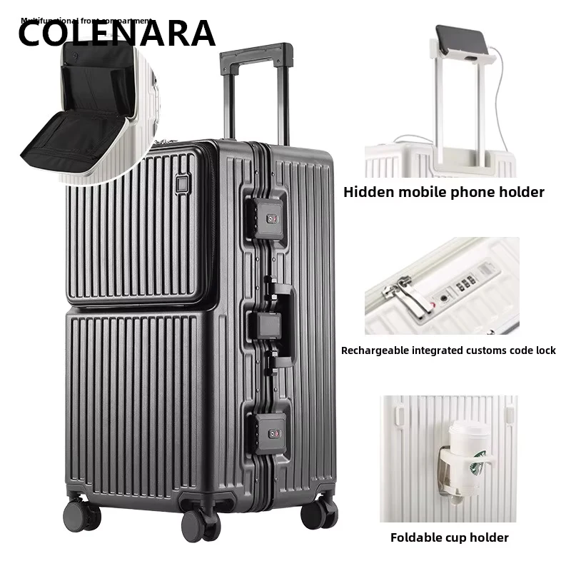 COLENARA walizka na kółkach męski otwór z przodu Laptop aluminiowa rama walizka na kółkach 26 "28" 30" 32 Cal damski bagaż ABS + PC