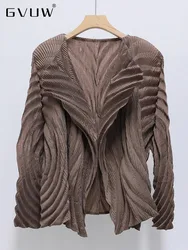 GVUW Pleated Irregular Jackets Women Lapel Full Sleeve Open Stitch Vinatge Style Loose 2024 Female Solid Color Clothing 17G6618