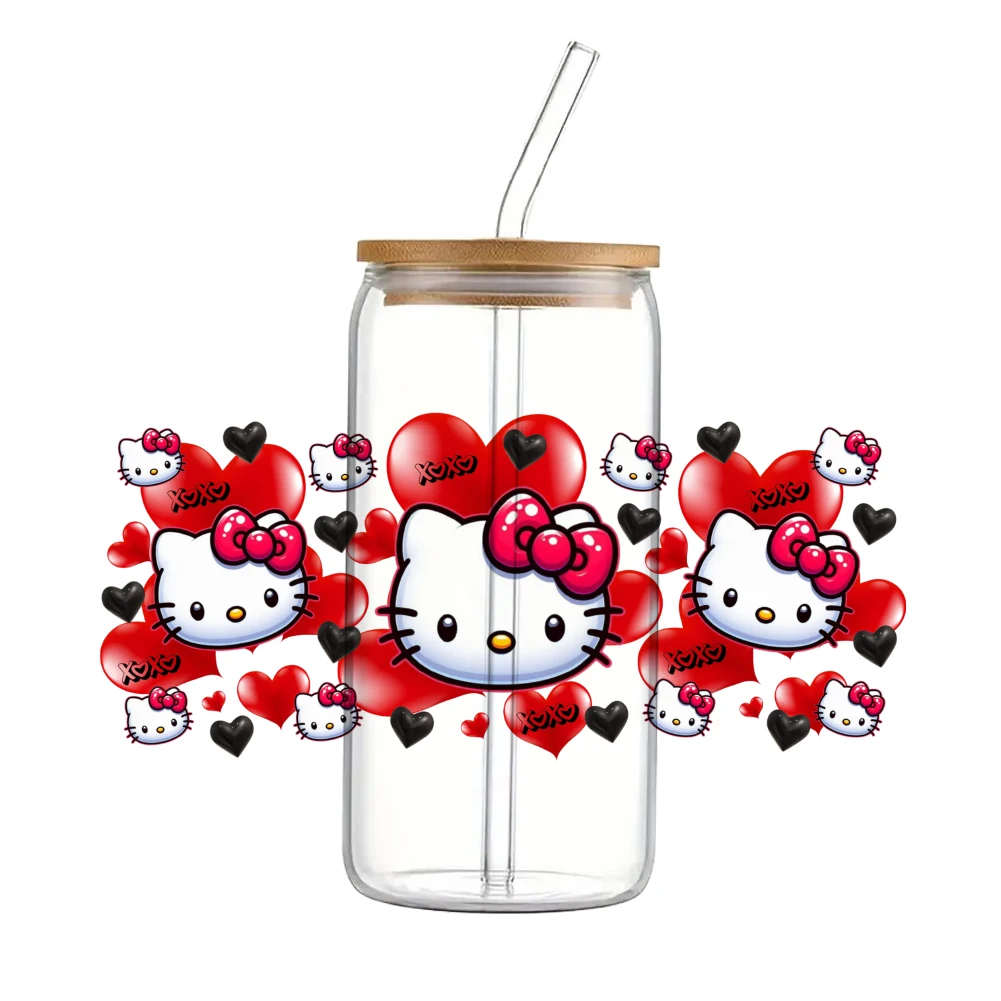 Cute pink Sanrio Hello Kitty For Libbey 16oz Can Glass 3D Waterproof UV DTF Coffee Can Wrap Libbey Glass Wrap