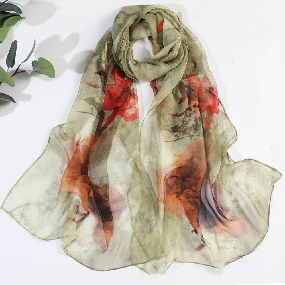 

Floral Printing Women Elegant Silk Scarf Breathable Sun Protection Thin Scarf Simulated Silk Wrap Headscarf