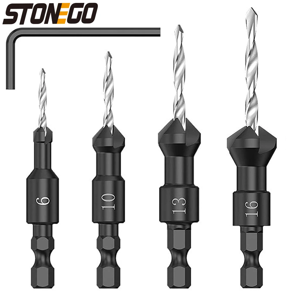 

STONEGO 4Pcs HSS Hex Shank Conical Countersink Drill Bits - Woodworking Hole Openers, #6/#10/#13/#16