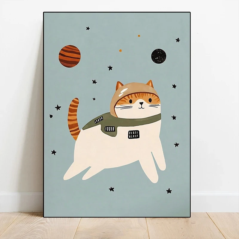 Cartoon Space Rocket Cosmic Planets Animal Astronaut Posters Canvas Printing Wall Art Picture for Playroom Home Decor Gifts