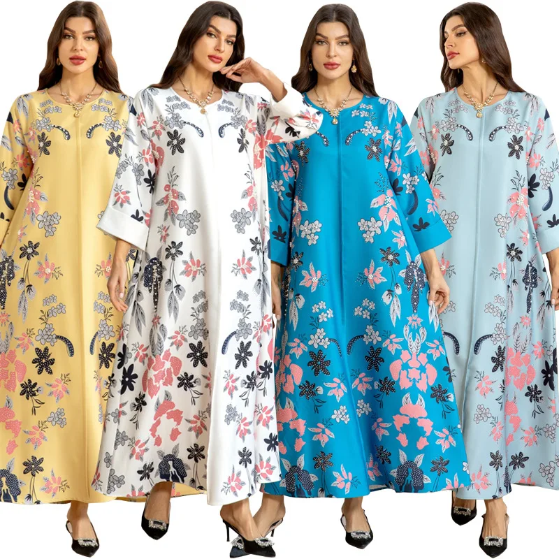 Muslim Dress Dubai Women's Fashion Abaya Long Skirt Hot Drill Dress Printing Middle Eastern Robe Casual Simple V-neck Long Dress