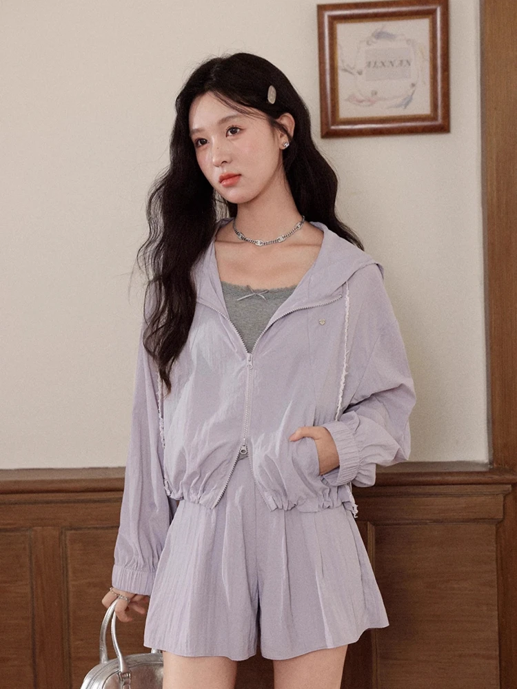 ALXNAN Purple Hoodies Short Zipper Drawstring Loose-fit Sweatshirt 2025 Autumn Thin Casual Long Sleeve Coats Female L56706