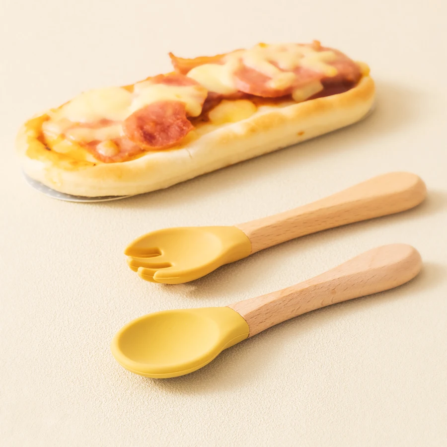 Mamaplan Silicone Baby Spoon Fork Wooden Handle Spoon Fork Baby Utensils Feeding Training Cutlery Baby Tableware Baby Stuff