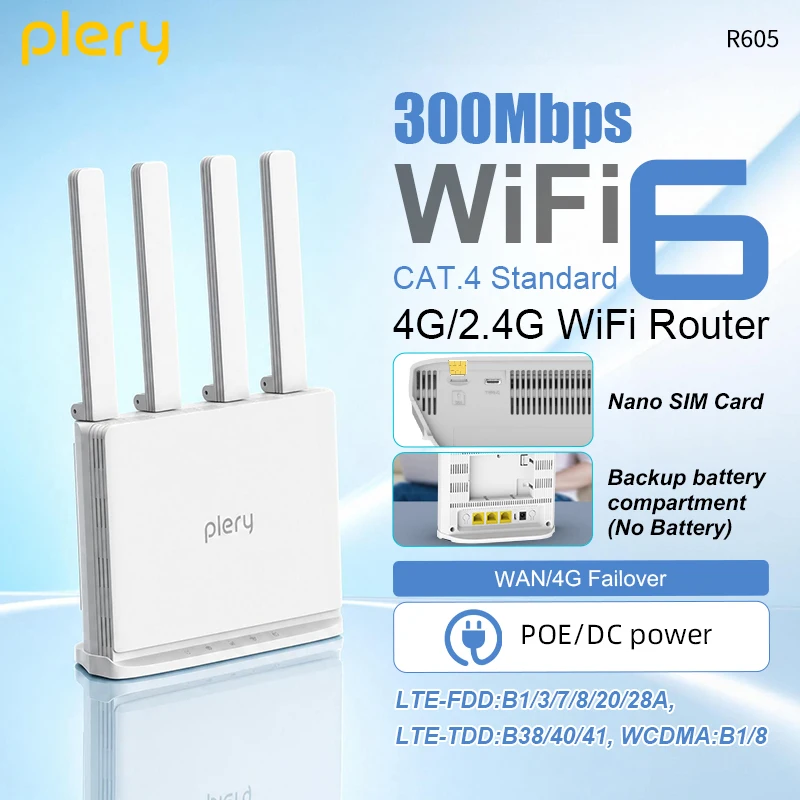 Plery 4G LTE WiFi 6 Router 300Mbps SIM Card Modem POE/DC Power Wireless Portable Hotspot for Home Travel Asia Africa Europe