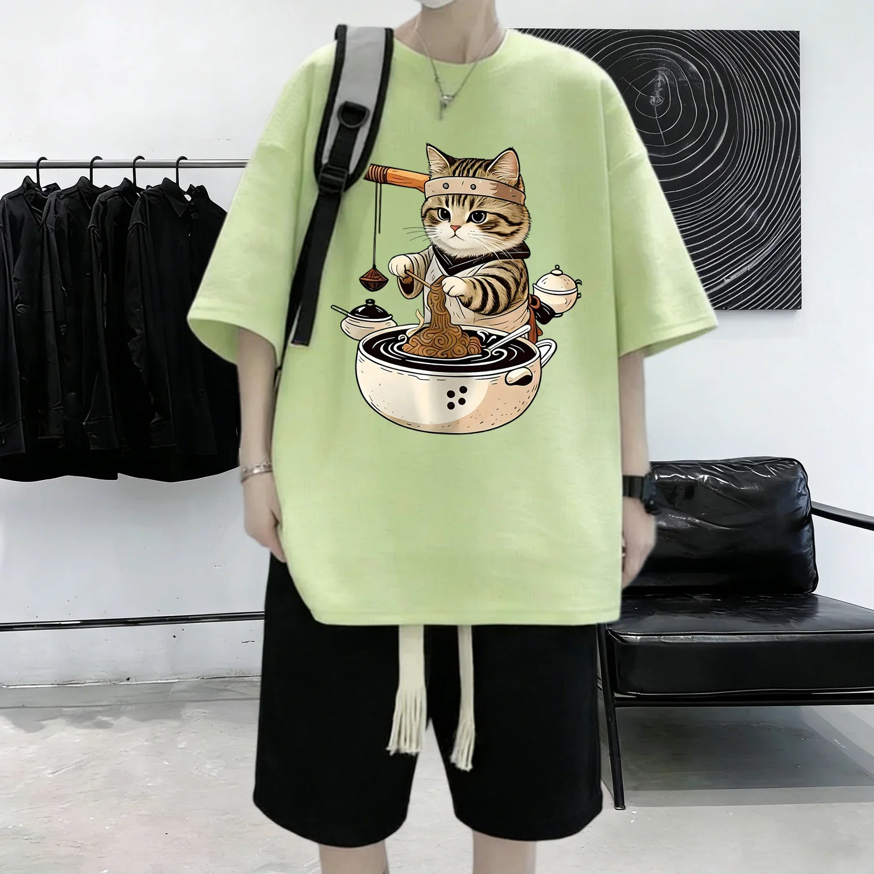 Master Cat Is Making Lamian Noodles Prints Men'S Cotton Summer T-Shirts Breathable Casual Short Sleeve Sport Fashion Clothes