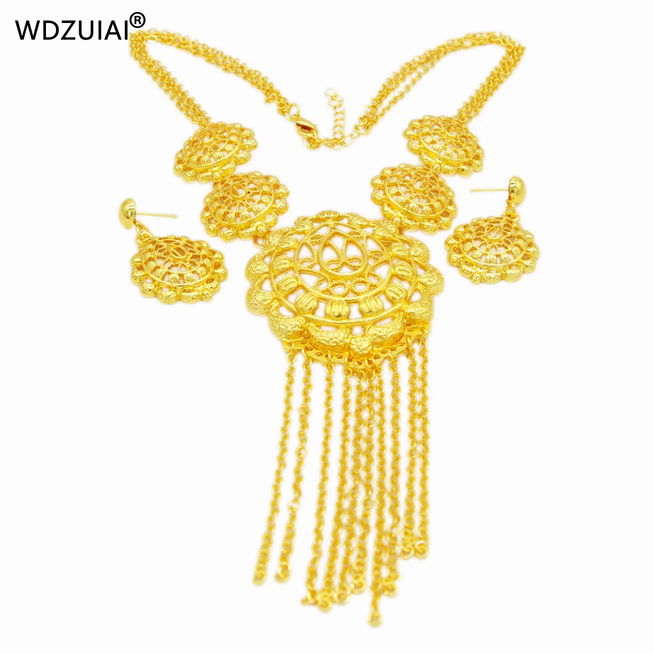 WDZUIAI Ethiopian Gold Color Tassels Necklace&Earrings Set for Women Bridal Wedding Jewelry African Arab Spain Party Sweet Gifts