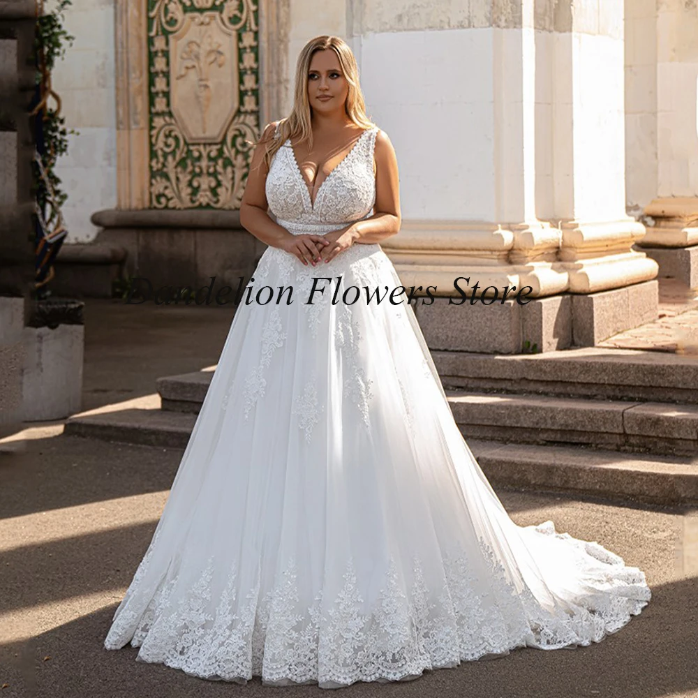 Vestidos De novia De talla grande personalizados para novia, tul sin mangas con apliques De encaje, vestidos De novia Línea A, bata De tren De barrido